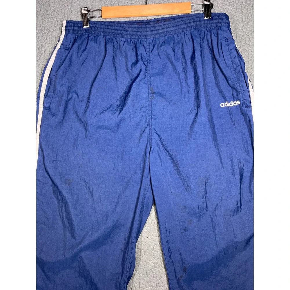 Adidas Vintage Mens Nylon Track Pants XL Blue White Stripe Windbreaker Joggers - Picture 2 of 16